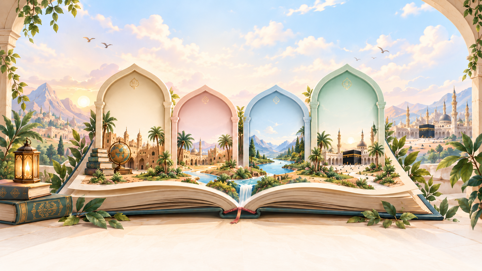 كتاب مفتوح تنبثق من صفحاته أربع بوابات مصوّرة إلى رحلات السيرة والتاريخ